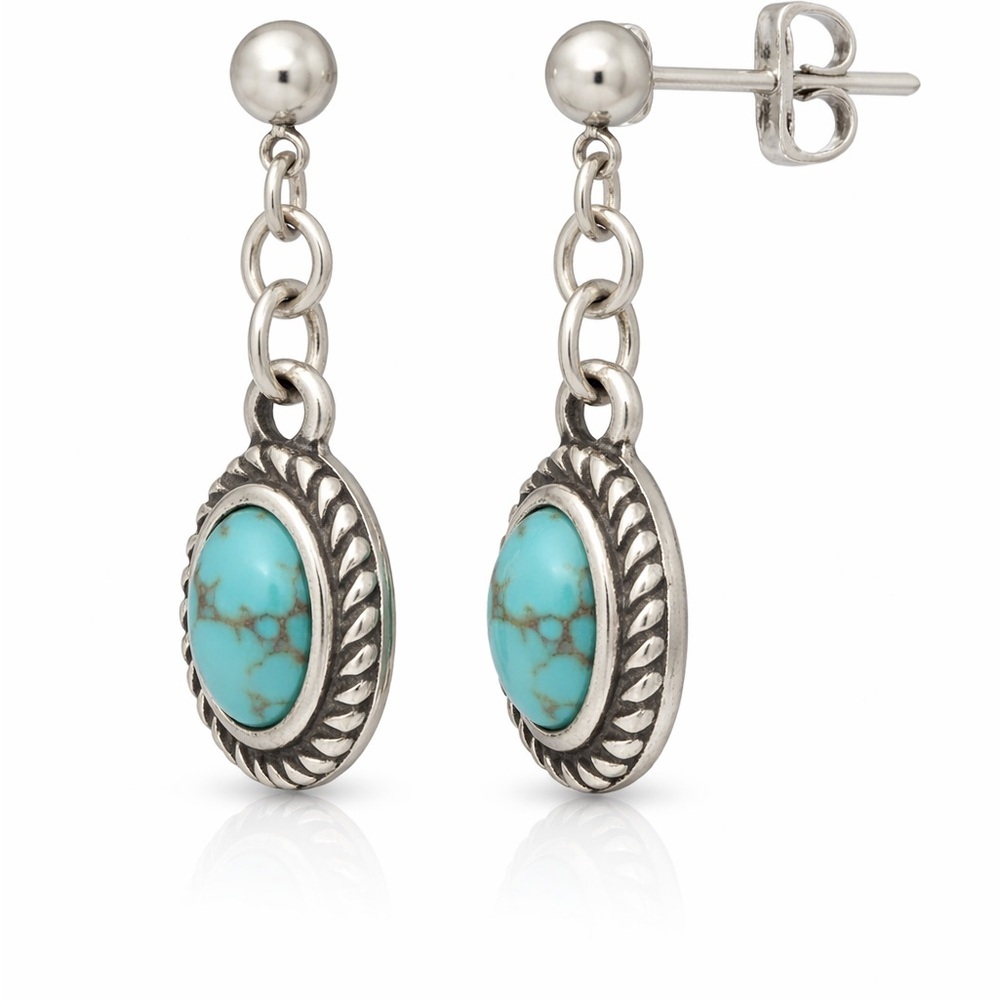 Sterling Silver Turquoise Oval Drop Stud Earrings - Picture 2 of 3